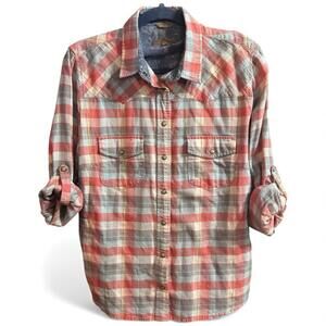 JACHS Girlfriend Western Bea Flannel Plaid Snap Button Down Shirt Red Blue Sz M